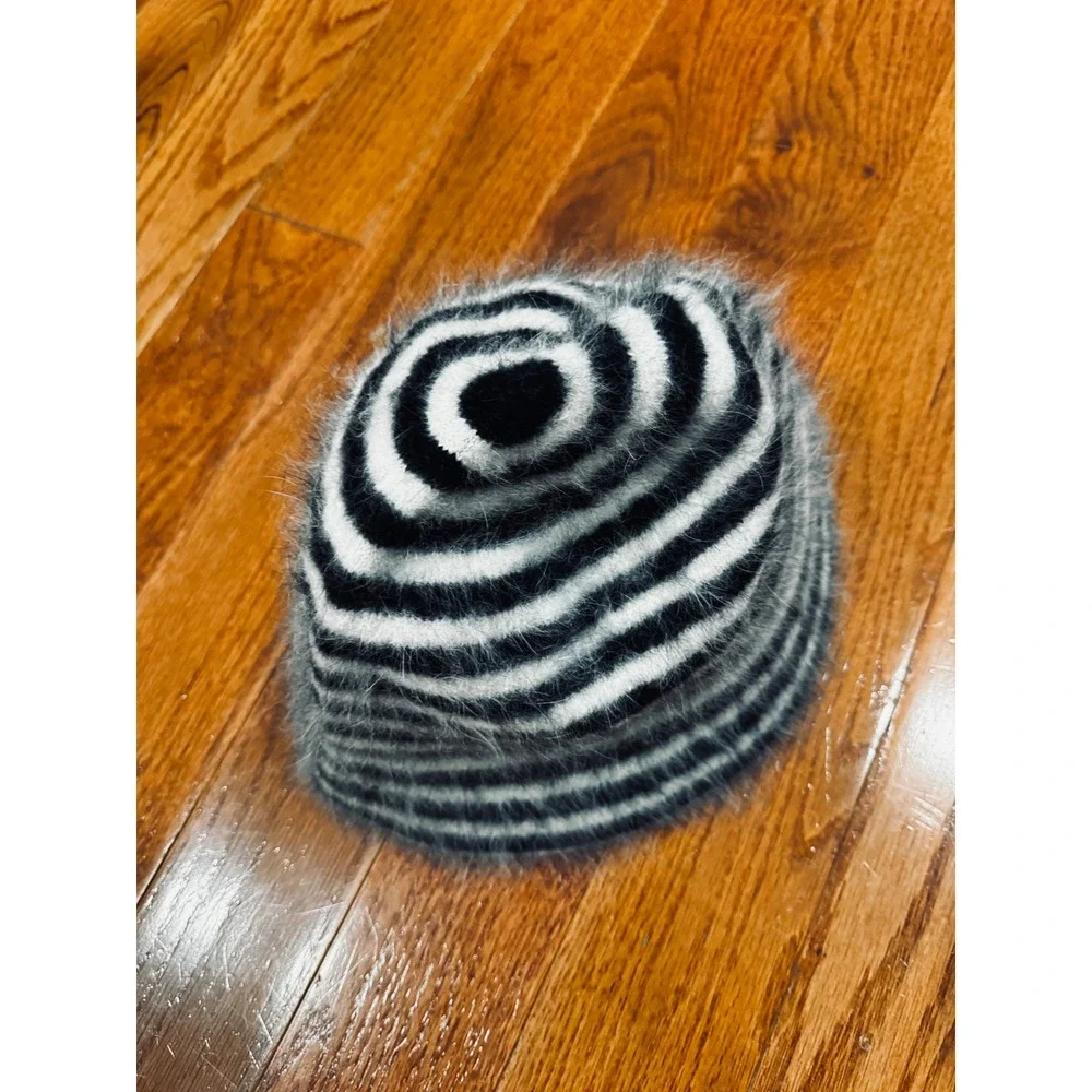 Vintage Pro Tide Angora Wool Blend Striped Bucket Hat Black White Fuzzy Retro